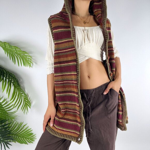 Vintage 90s Aeropostale Brown Striped Boho Granola Hooded Knit Grandpa Vest / L - Picture 1 of 8